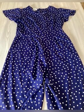 Jaclyn Smith Navy Blue Polka Dot Wide Leg Culotte Jumpsuit Medium Pockets